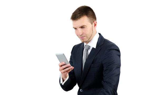 Man using smart phone on white background
