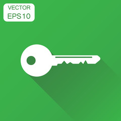 Key icon. Business concept unlock symbol pictogram. Vector illustration on green background with long shadow.