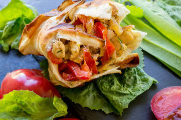 Mexican tortilla with chicken , pepper and tomatoes. Selective focus. Close-up.