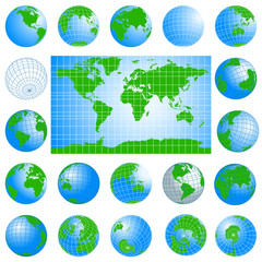 World map and globes set. Planet Earth. Detalied vector illustration