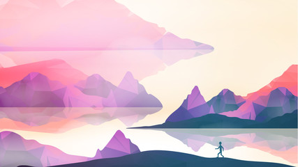 Runner on Geometric Mountain Background - Vector Illustration.