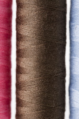 Sewing equipment and  threads on white background.