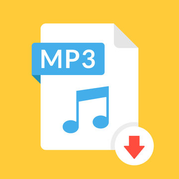 Download MP3 icon. File with MP3 label and down arrow sign. Audio file format. Downloading audio concept. Flat design vector icon