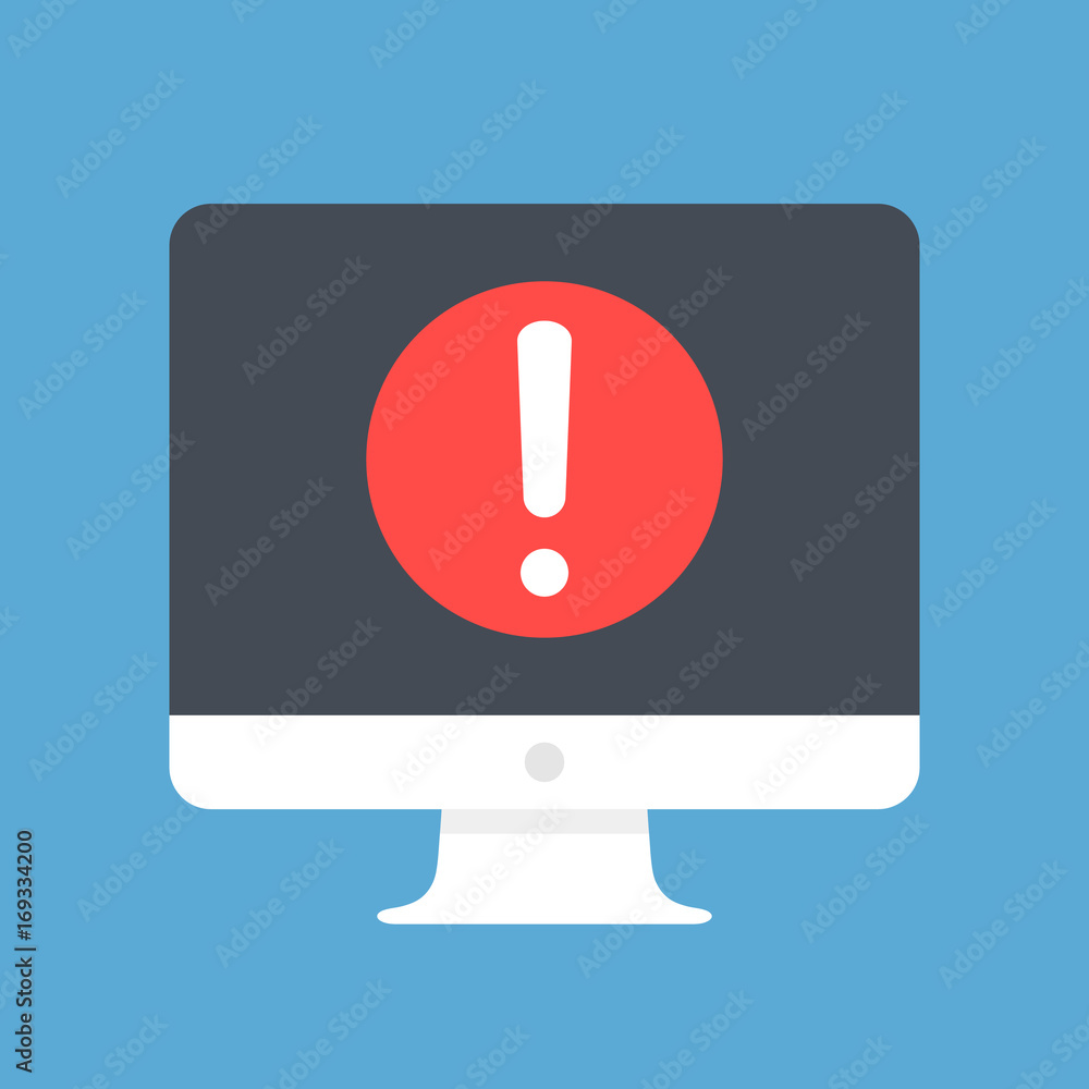 Poster computer with exclamation point on screen. warning message, alert message concepts. modern flat desi