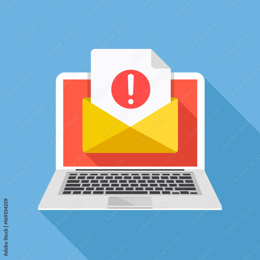 Poster laptop with envelope and document with exclamation point on screen. receive notification, alert mess