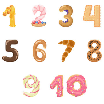 Numbers like sweets and buns / Solid fill vector cartoon illustration
