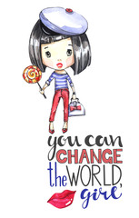 Watercolor illustration young girl with bag and lollipop. Calligraphy words . Adventure, vacation. Can be printed on T-shirts, bags, posters, invitations, cards, phone cases.