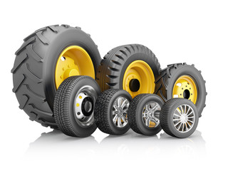 Naklejka premium Set of tires for a different vehicles. 3d illustration