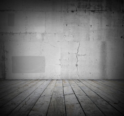 Empty grey wooden floor and gray concrete wall background