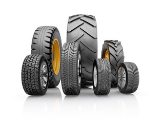 Set of tires for a different cars. 3d illustration on a white background.