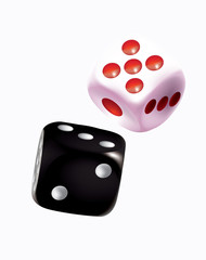 White and black dices with red and white dots on white background