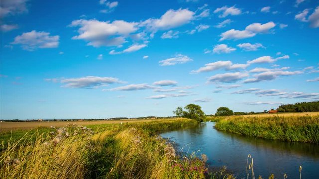 Amazing nature landscape with a view of small river.Time lapse