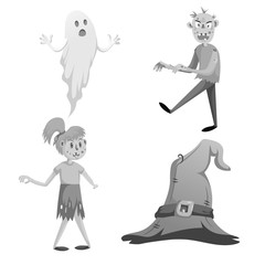 Cartoon monochrome halloween symbols set. Funny ghost, walking zombie, zombie girl without hand and witch hat with belt.