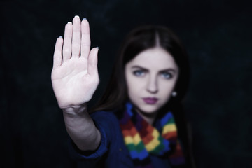 Girl showing stop hand sign gesture (Body language, gestures, psychology)
