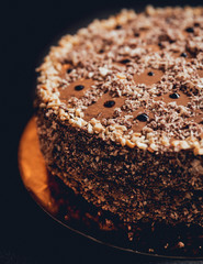 Chocolate cake on dark background.