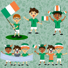 Set of boys with national flags of Ireland. Blanks for the day of the flag, independence, nation day and other public holidays. The guys in sports form with the attributes of the football team