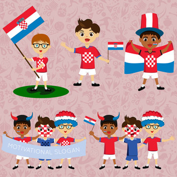 Set of boys with national flags of Croatia. Blanks for the day of the flag, independence, nation day and other public holidays. The guys in sports form with the attributes of the football team