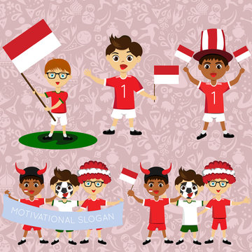 Set of boys with national flags of Indonesia. Blanks for the day of the flag, independence, nation day and other public holidays. The guys in sports form with the attributes of the football team