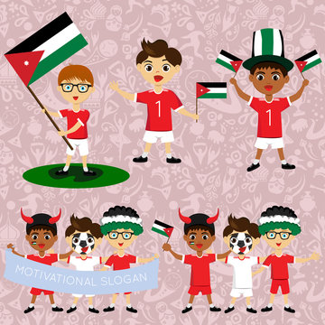 Set of boys with national flags of Jordan. Blanks for the day of the flag, independence, nation day and other public holidays. The guys in sports form with the attributes of the football team