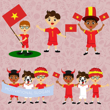 Set of boys with national flags of Vietnam. Blanks for the day of the flag, independence, nation day and other public holidays. The guys in sports form with the attributes of the football team