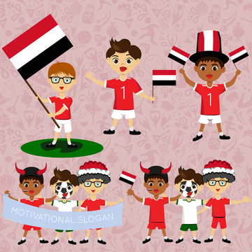 Set of boys with national flags of Yemen. Blanks for the day of the flag, independence, nation day and other public holidays. The guys in sports form with the attributes of the football team