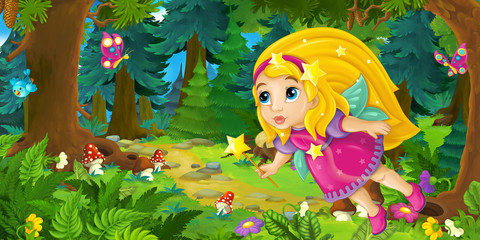 Obraz na płótnie Canvas Cartoon background of fairy flying in the forest - illustration for children