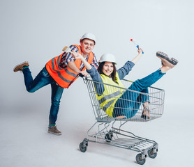 Happy young couple went shopping for the construction and repair of a new home.
