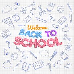 Back to school - design of poster with cute doodles. Vector.