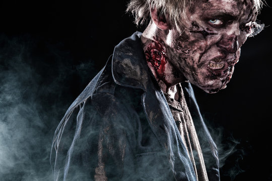 Bloody zombie man with brains out horror halloween sfxmakeup