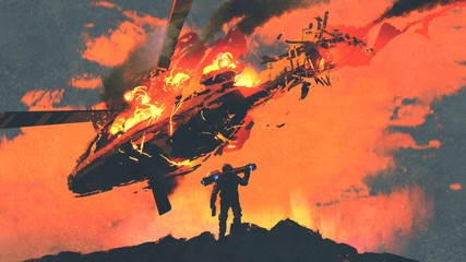 man holding rocket launcher standing against burning falling helicopter, digital art style, illustration painting © grandfailure