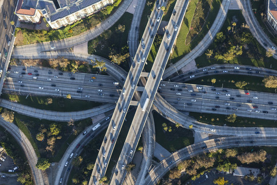 Los Angeles Harbor 110 and Hollywood 101 downtown four level freeway interchange in Southern California.