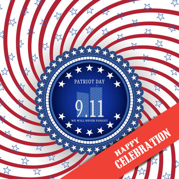 Vector poster of Patriot Day with blue label with mesh and red stripe on the background with red curved rays and stars.