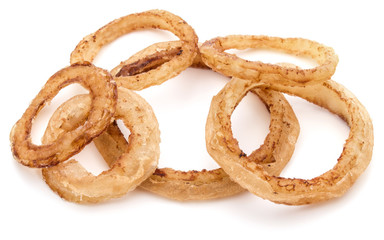 Delicious crispy fried onion rings isolated on white