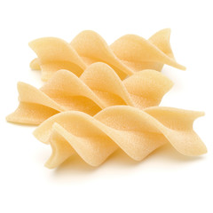 Italian  twisted pasta fusilli isolated on white background. Fusilloni, rotini.