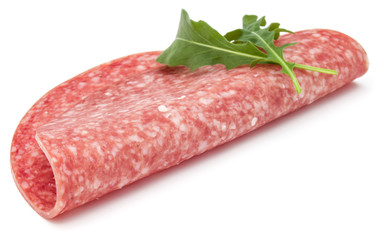 Salami smoked sausage slices isolated on white background