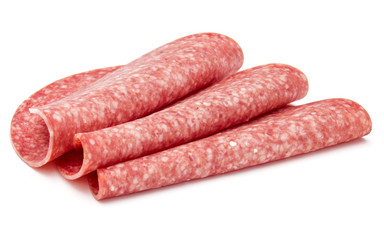 Salami smoked sausage slices isolated on white background