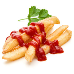 French Fried Potatoes with ketchup isolated on white background