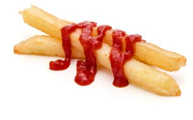 French Fried Potatoes with ketchup isolated on white background