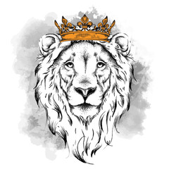 Ethnic hand drawing head of lion wearing crown. It can be used for print, posters, t-shirts. Vector illustration 