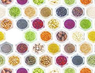 Seamless texture with spices and herbs over white background