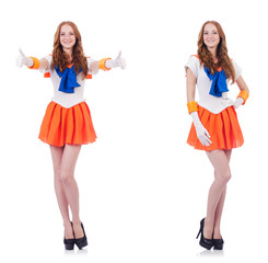 Woman giving thumbs up isolated on white