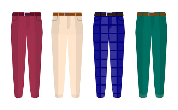 Set Of Classic Trousers For Men Different Color. Flat Design Vector