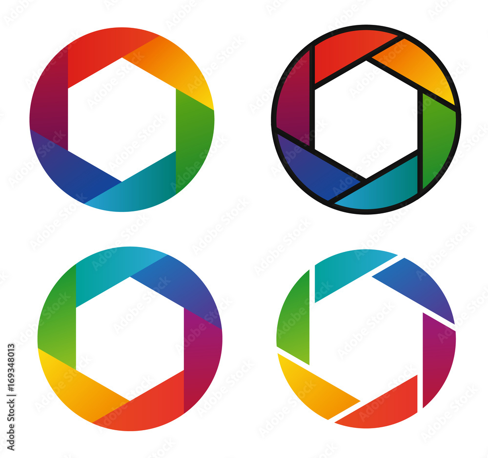Poster four colorful circle rainbow pictograms - first icon with gradient, second with spectrum gradient an