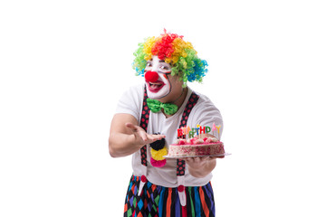 Funny clown with a birthday cake isolated on white background