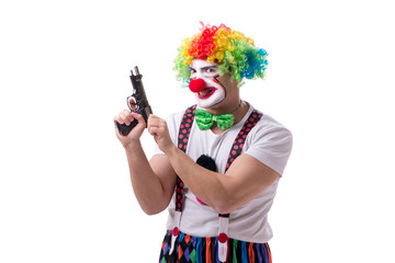 Funny clown with a gun pistol isolated on white background