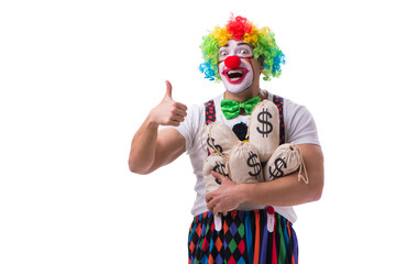 Funny clown with money sacks bags isolated on white background