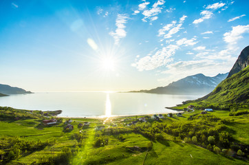 Sunset over fjord green
