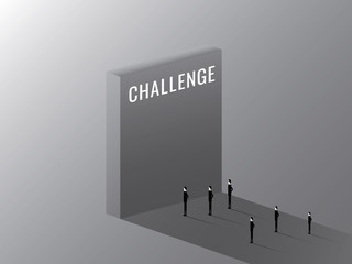 Businessman standing in front of huge wall as a symbol of business challenge and overcoming. Business challenge. Group people. Team work