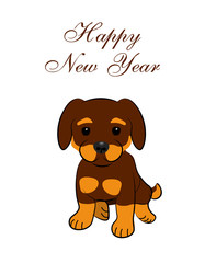 New Year card. 2018 year of the dog. Sitting animated puppy. illustration