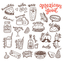 Mexican cuisine, sketch doodle food set - obrazy, fototapety, plakaty